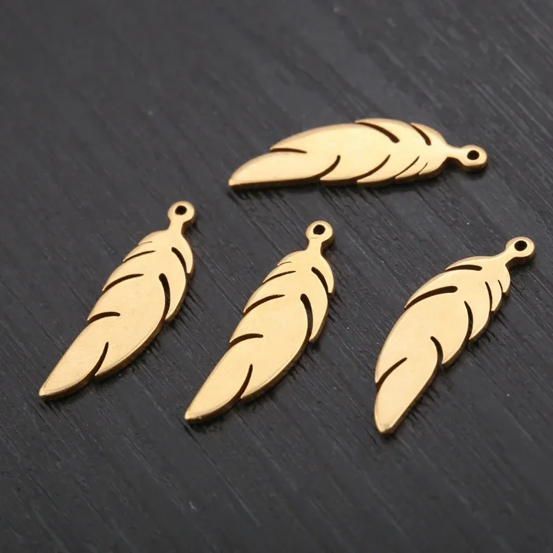 10pcs Gold Stainless Steel Feather Charms – DIY Jewelry