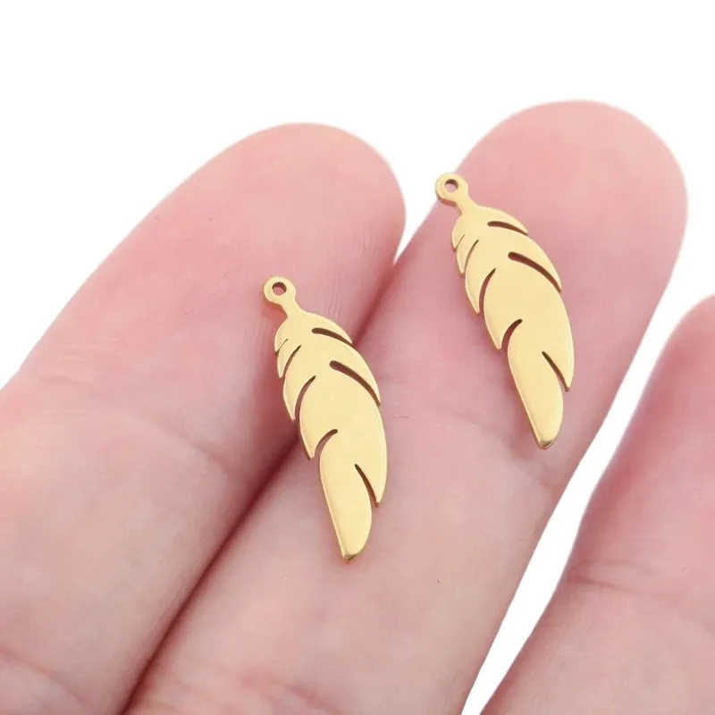 10pcs Gold Stainless Steel Feather Charms – DIY Jewelry