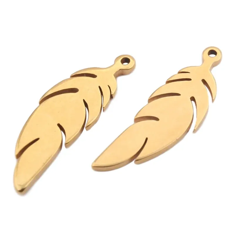 10pcs Gold Stainless Steel Feather Charms – DIY Jewelry