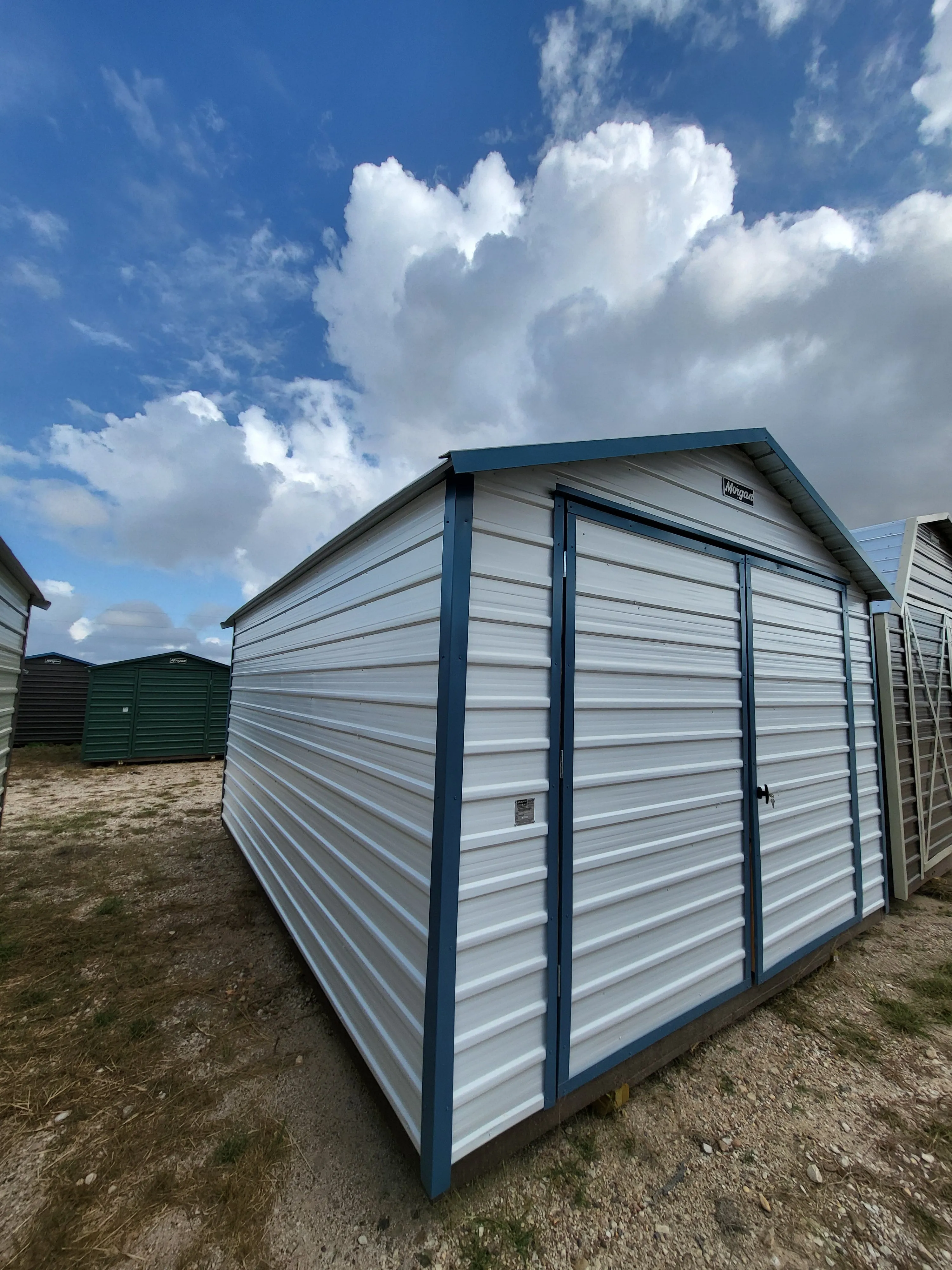 12 x 16 White and Blue Steel Storage Barn