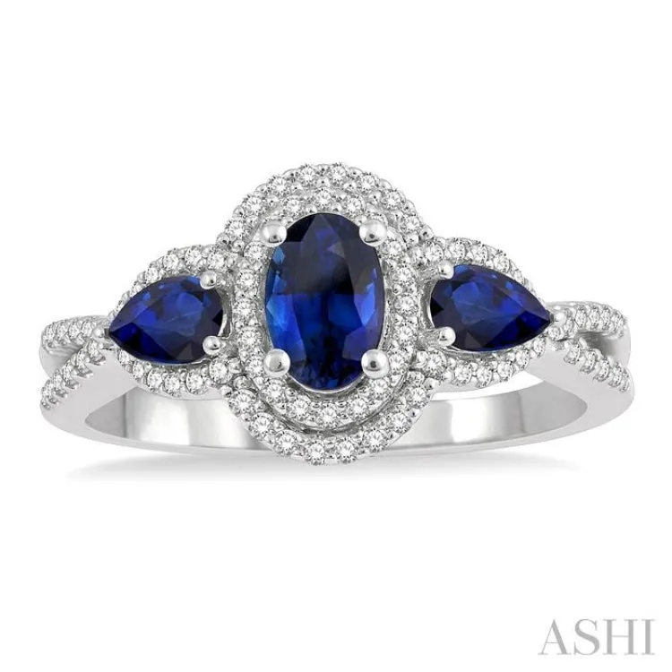 1/4 Ctw Round Cut Diamond & 3-Stone 6x4MM Oval Cut and 5x3 MM Pear Cut Sapphire Precious Ring in 10K White Gold