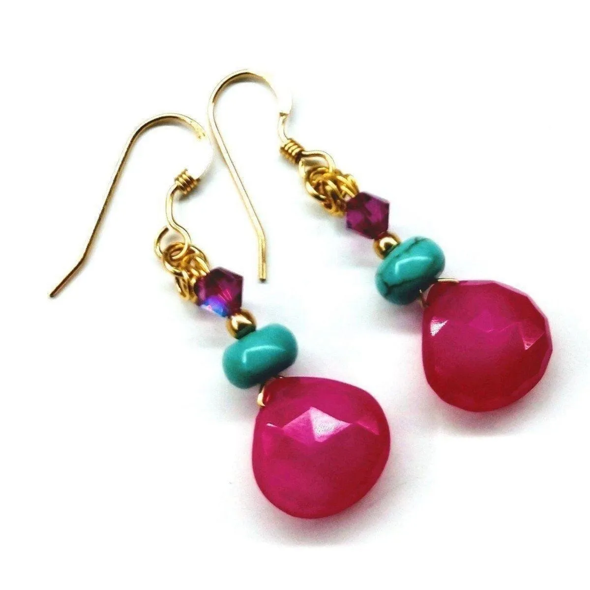 14 KT Gold Filled Wire Wrapped Pink And Turquoise Drop Gemstone Earrings by Alexa Martha Designs