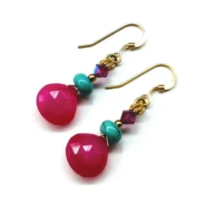 14 KT Gold Filled Wire Wrapped Pink And Turquoise Drop Gemstone Earrings by Alexa Martha Designs