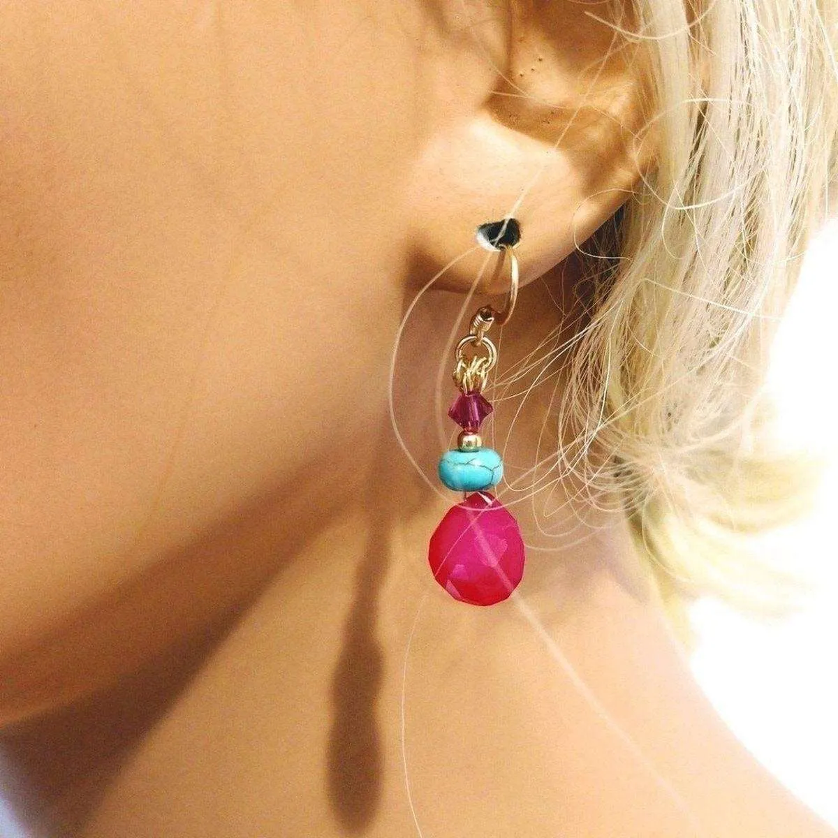 14 KT Gold Filled Wire Wrapped Pink And Turquoise Drop Gemstone Earrings by Alexa Martha Designs