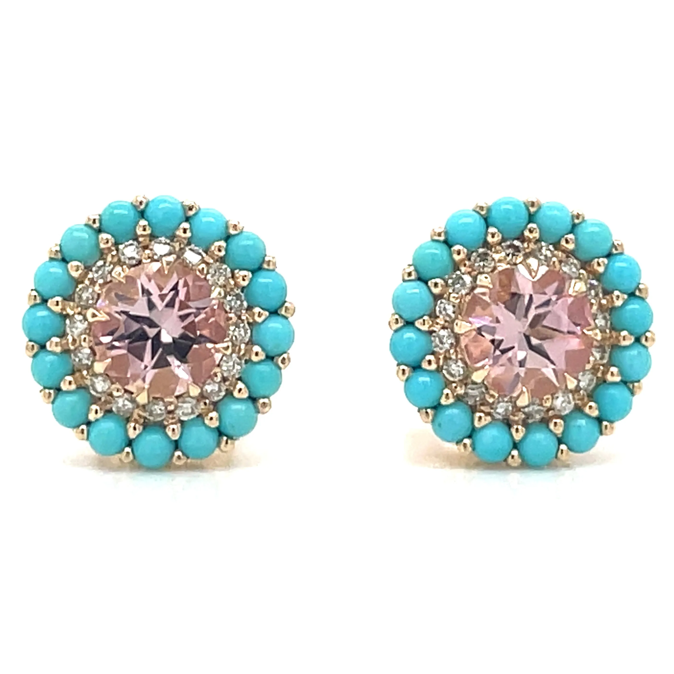 14ct Yellow Gold Earth Grown Pink Tourmaline, Turquoise and Diamond Round Stud Earrings