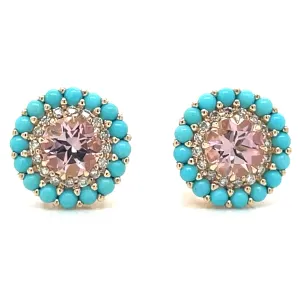 14ct Yellow Gold Earth Grown Pink Tourmaline, Turquoise and Diamond Round Stud Earrings