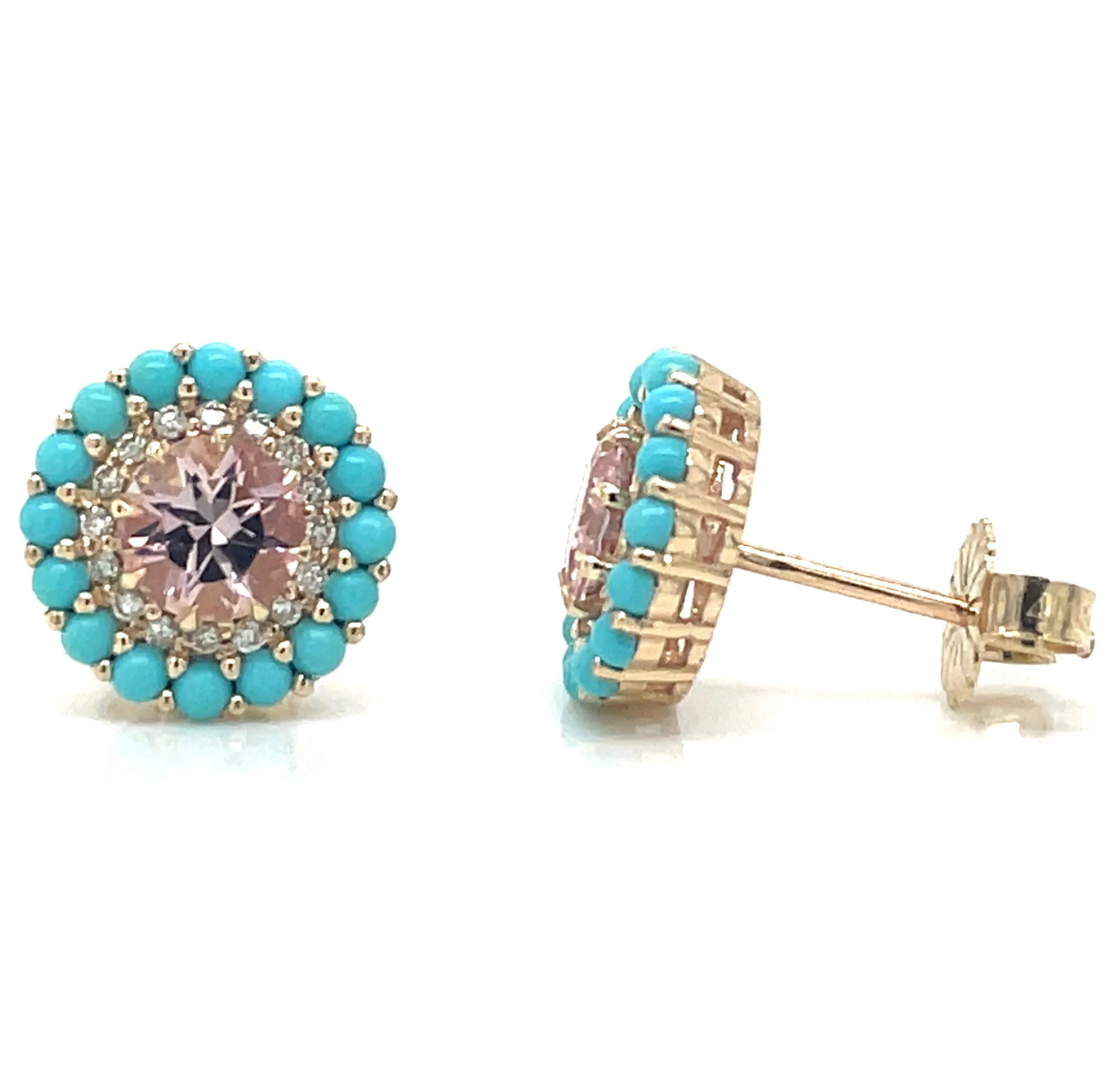 14ct Yellow Gold Earth Grown Pink Tourmaline, Turquoise and Diamond Round Stud Earrings