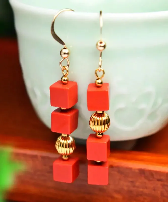 14K Gold Cinnabar Candy Drop Earrings