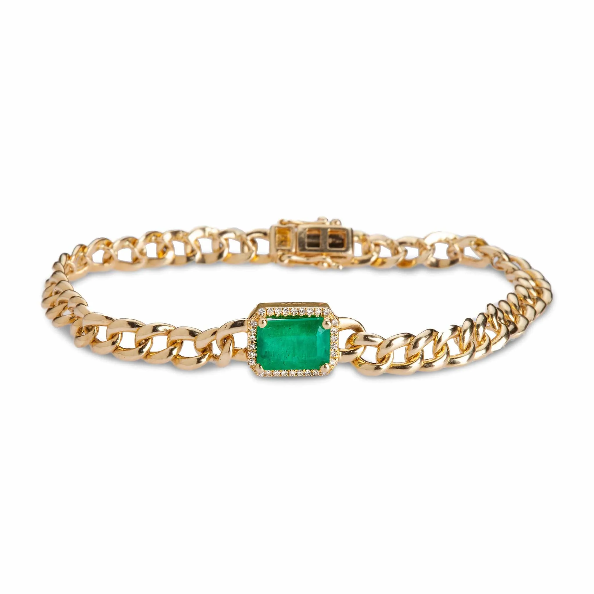 14K Gold Emerald and Diamond Cuban Chain Bracelet