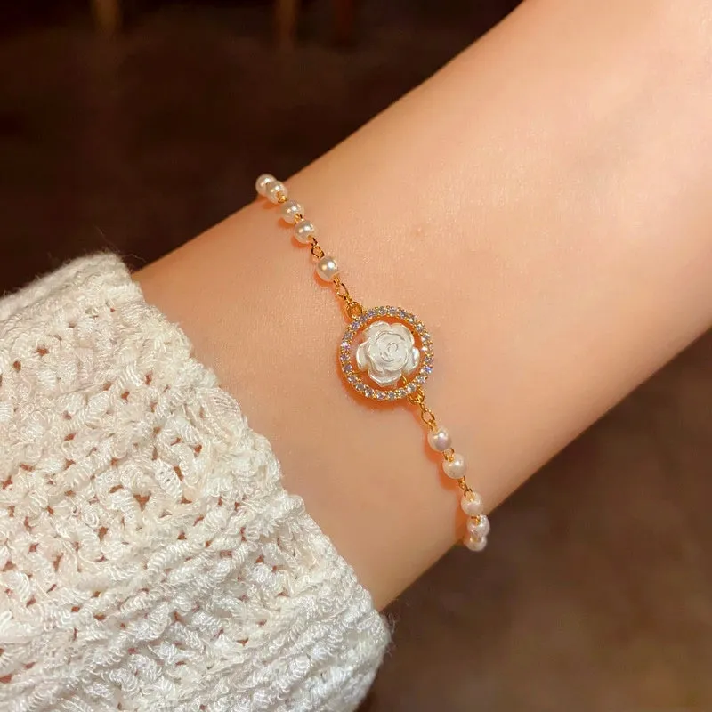 14K Gold-plated Exquisite Zircon Flower Hoop Pearl Adjustable Bracelets