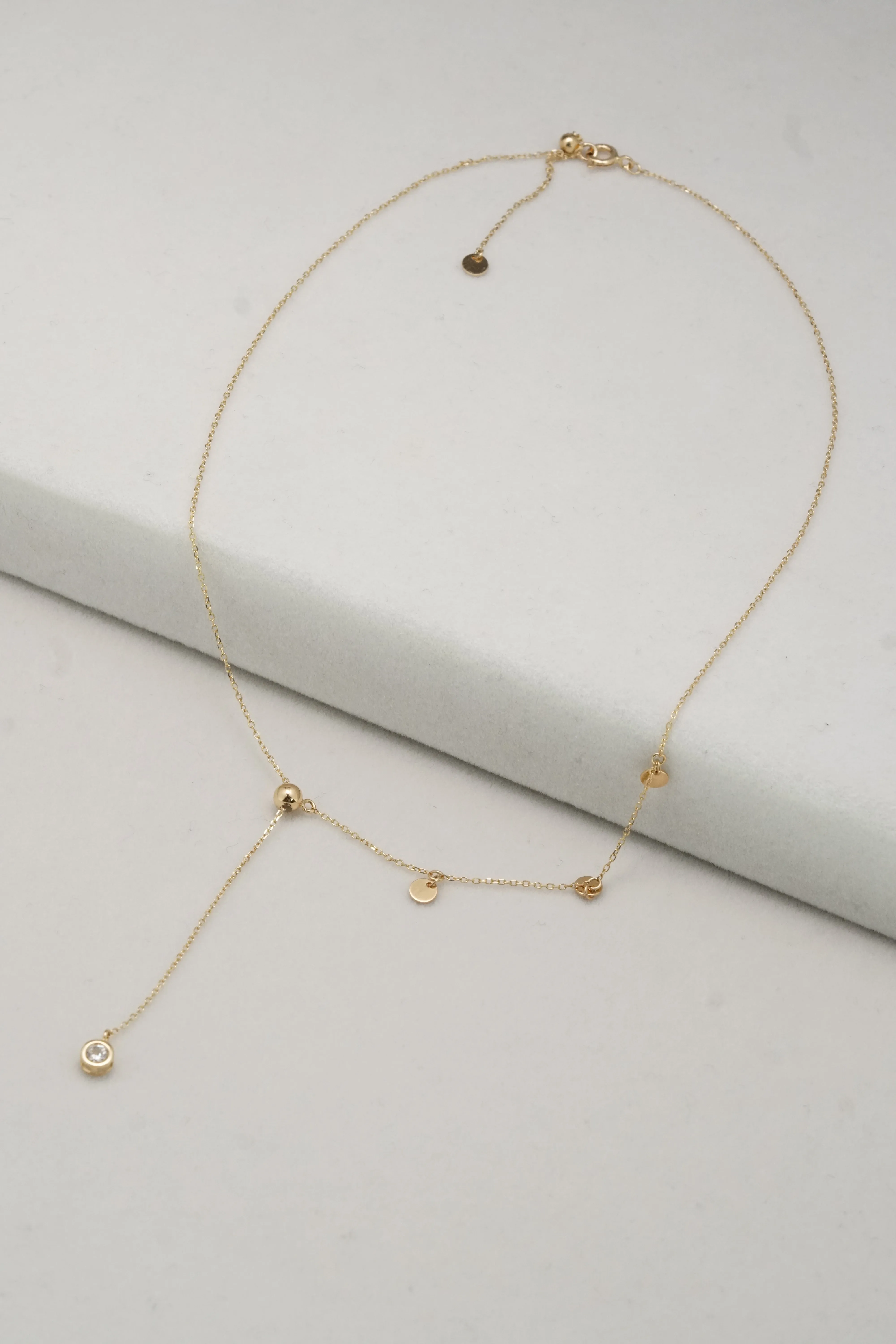 14K Solid Gold Three Ways Disc Round Stud Dangle Y Asymmetrical Free Size Necklace