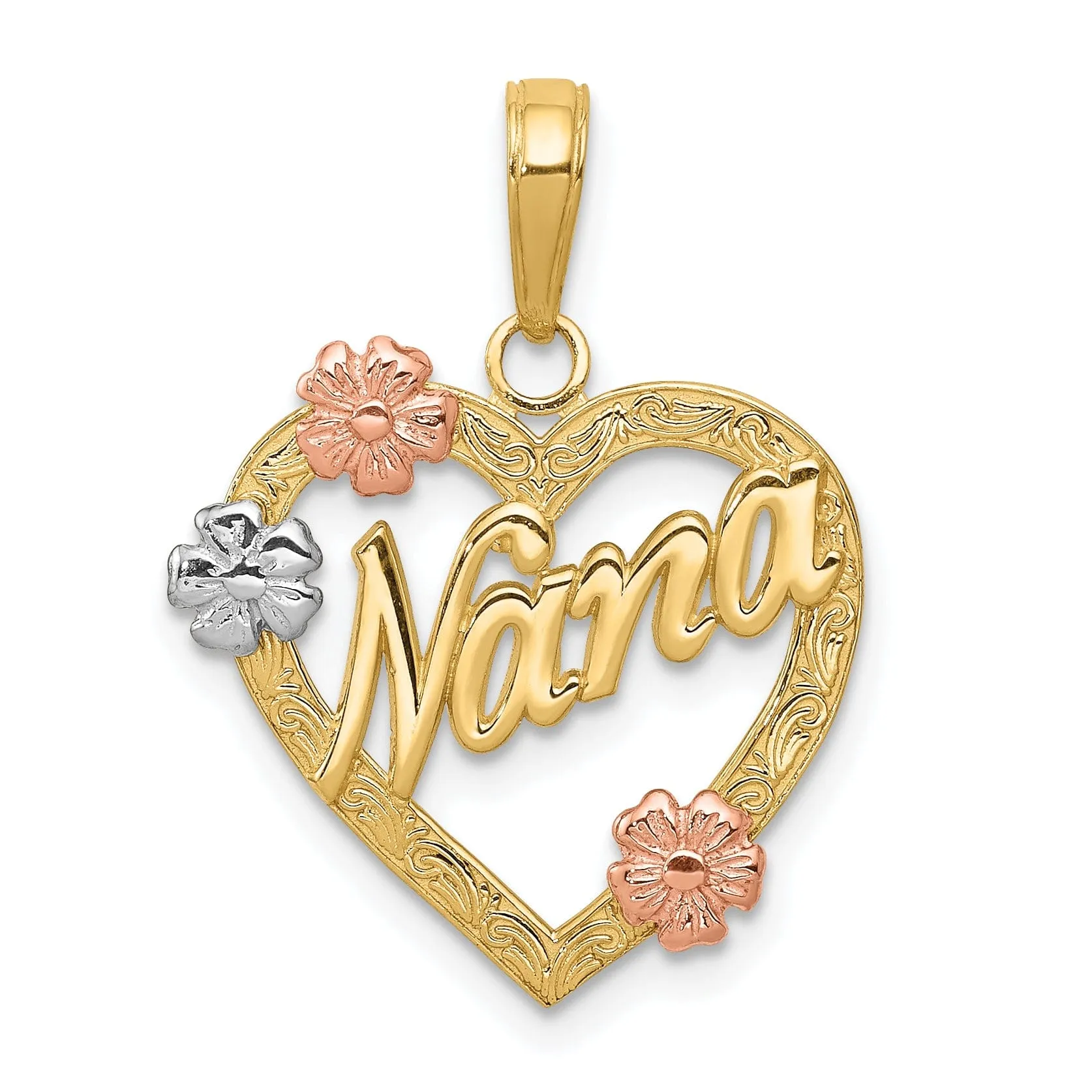 14K Tri Color Gold NANA in Heart Shape Flowers Design Pendant