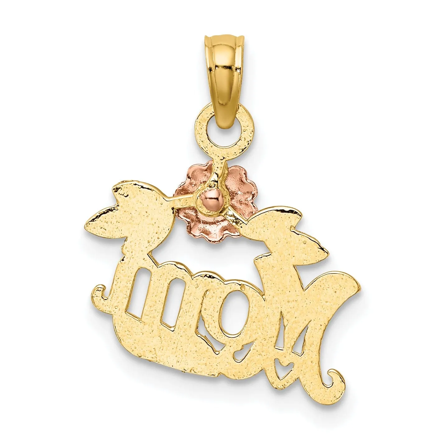 14k Two-Tone Gold Polished Textured Finish Scroll with Flower Design MOM Charm Pendant