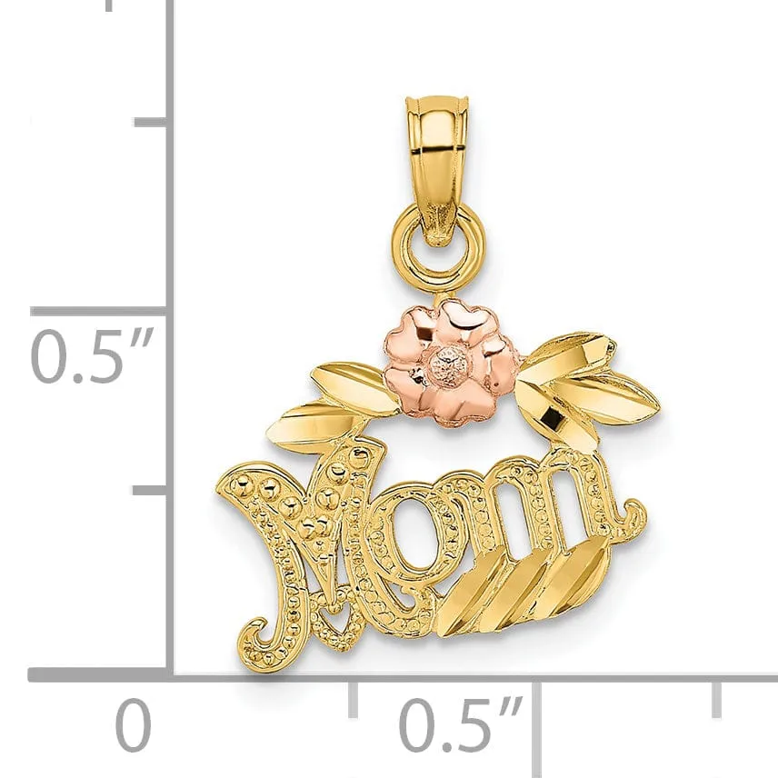 14k Two-Tone Gold Polished Textured Finish Scroll with Flower Design MOM Charm Pendant