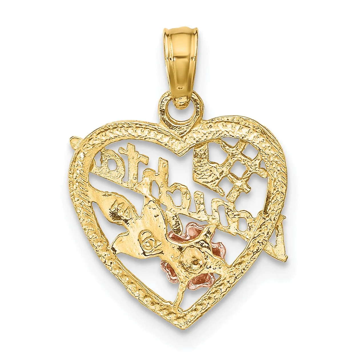 14k Two Tone Gold, White Rhodium Textured Polished Finish #1 DAUGHTER IN HEART Shape with Rose Flower Design Charm Pendant