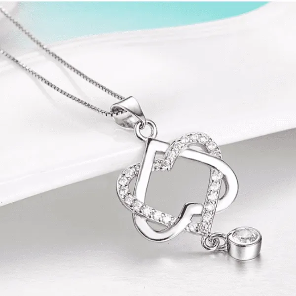 14K White Gold Plated Interlocked Heart Drop CZ Pendant Necklace For Woman