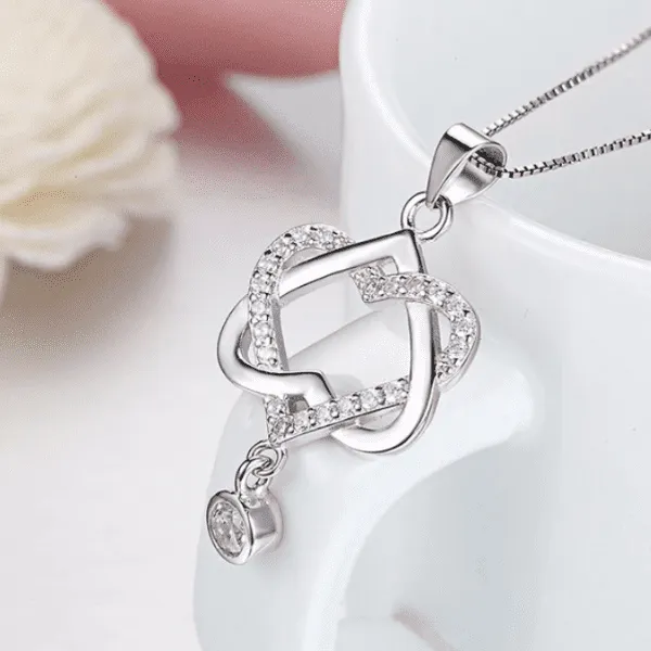 14K White Gold Plated Interlocked Heart Drop CZ Pendant Necklace For Woman