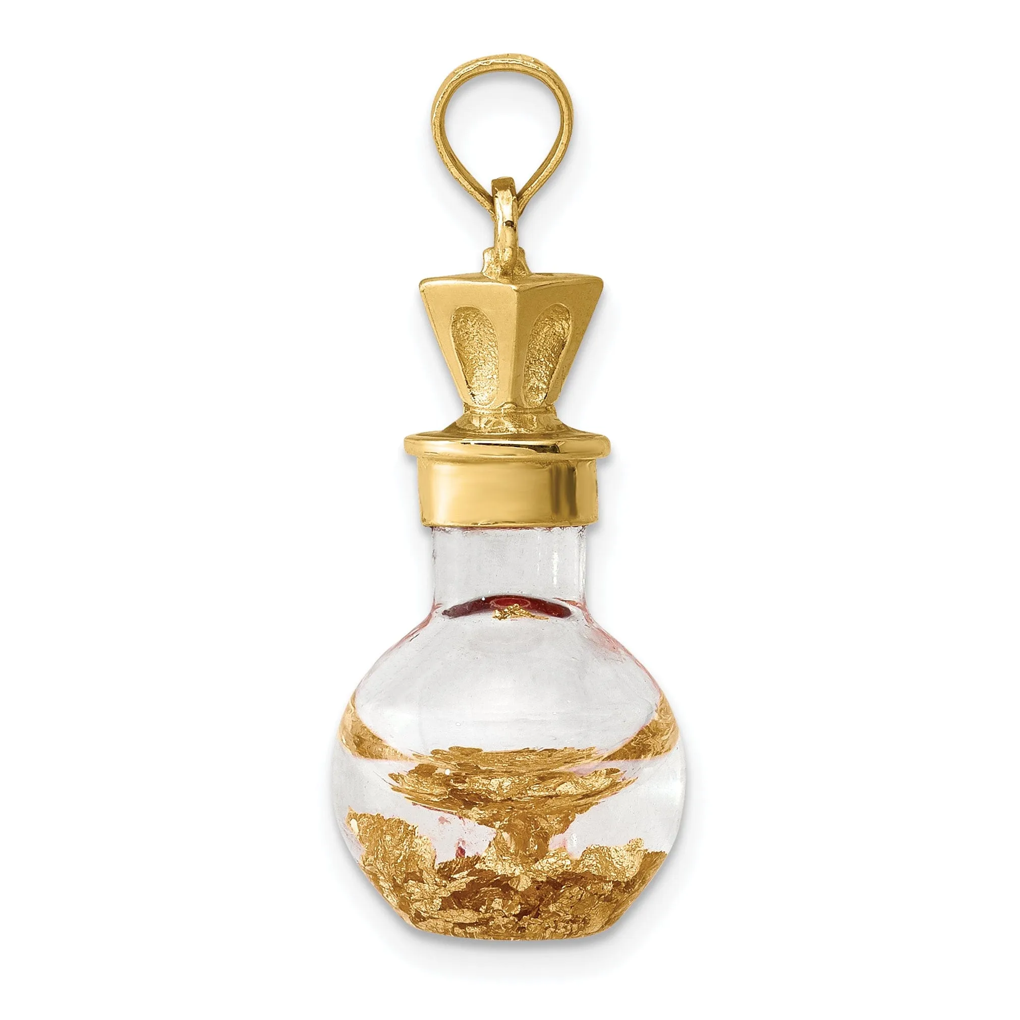 14K Yellow Gold Polished Finish 3-Dimensional Gold Leaf In Bottle Charm Pendant