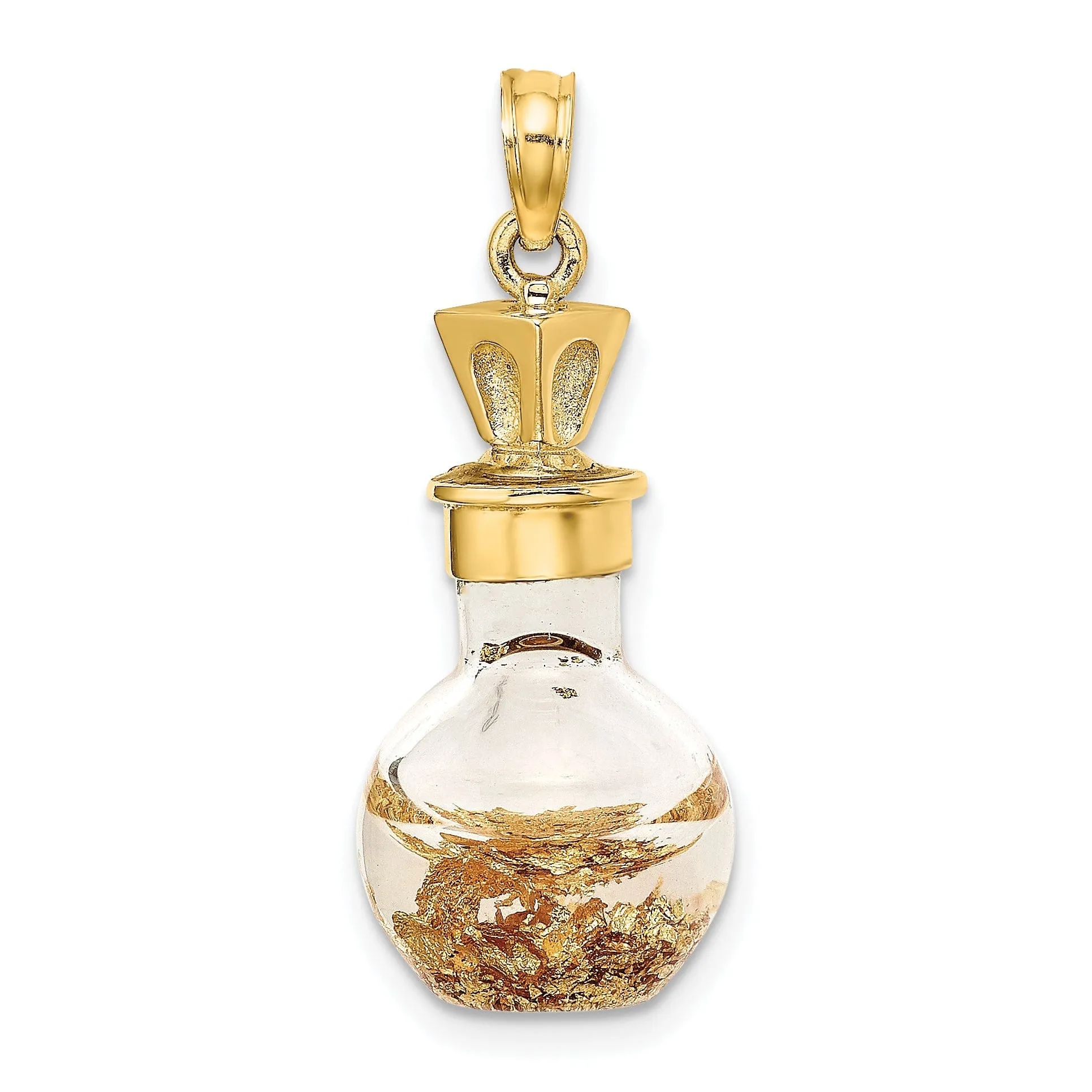 14K Yellow Gold Polished Finish 3-Dimensional Gold Leaf In Bottle Charm Pendant