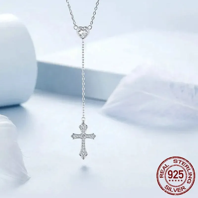 925 Sterling Silver Delicate Heart-shaped Pendant Necklace Y-shaped Cross Chain Necklace for Women Party Dainty Jewelry