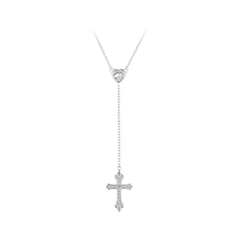 925 Sterling Silver Delicate Heart-shaped Pendant Necklace Y-shaped Cross Chain Necklace for Women Party Dainty Jewelry