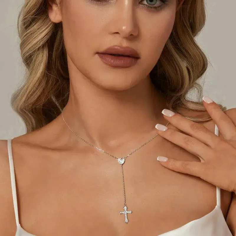 925 Sterling Silver Delicate Heart-shaped Pendant Necklace Y-shaped Cross Chain Necklace for Women Party Dainty Jewelry