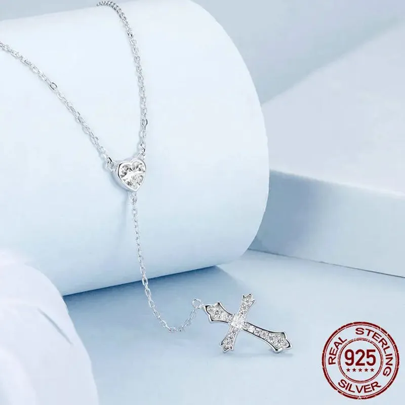 925 Sterling Silver Delicate Heart-shaped Pendant Necklace Y-shaped Cross Chain Necklace for Women Party Dainty Jewelry