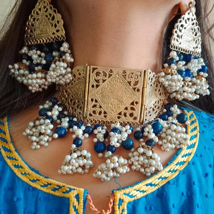 Amulet Cum Blue Beads Choker Necklace With Earrings Jewelry Set