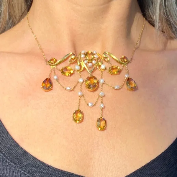 Art Nouveau Citrine & Pearl Necklace