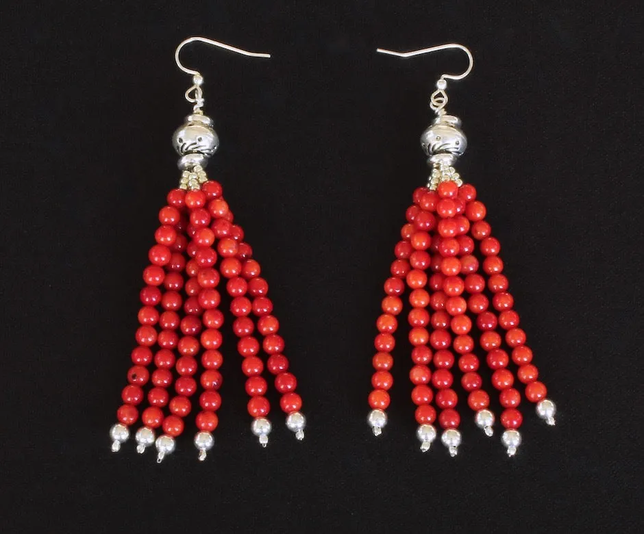 Bamboo Coral Rounds 6-Strand Earrings with Sterling Silver Beads & Earring Wires