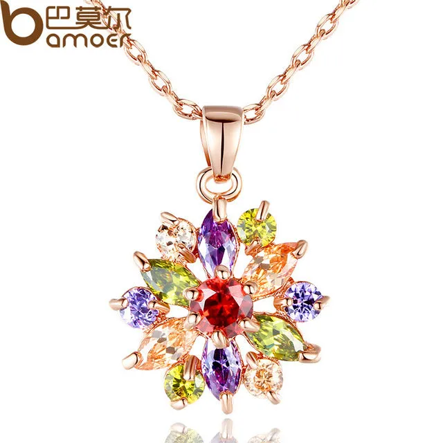 BAMOER Hot Sell Gold Color Flower Necklaces Pendants with High Quality Cubic Zircon For Women Birthday Gift JIN024