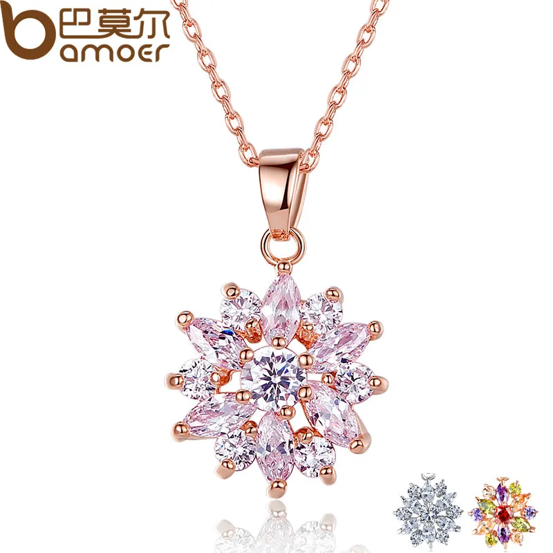 BAMOER Hot Sell Gold Color Flower Necklaces Pendants with High Quality Cubic Zircon For Women Birthday Gift JIN024