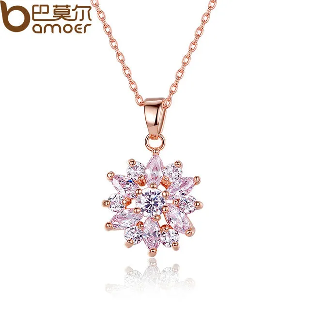 BAMOER Hot Sell Gold Color Flower Necklaces Pendants with High Quality Cubic Zircon For Women Birthday Gift JIN024