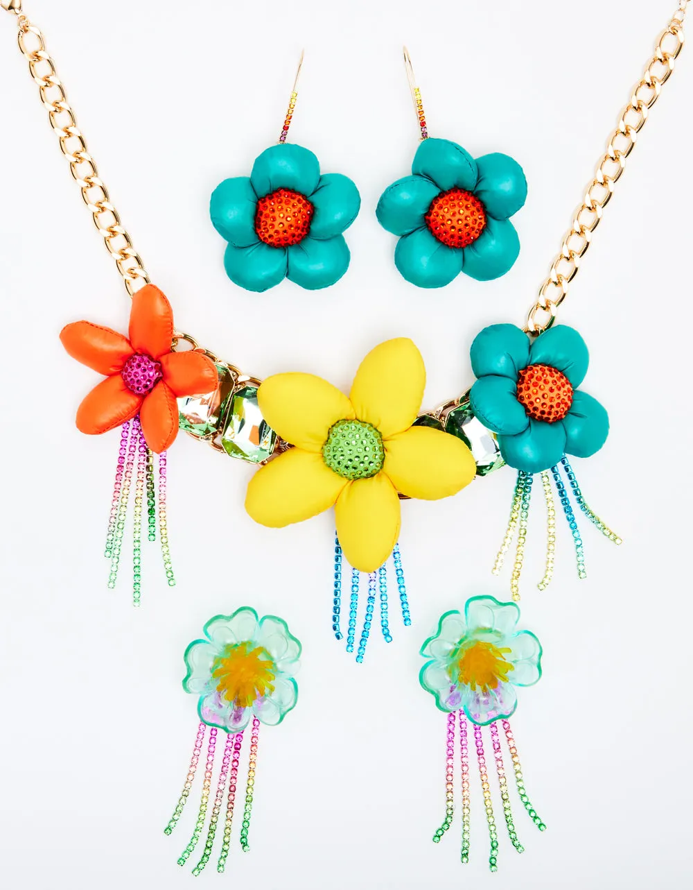 BETSEYS PUFFY FLOWERS HOOK EARRINGS TEAL