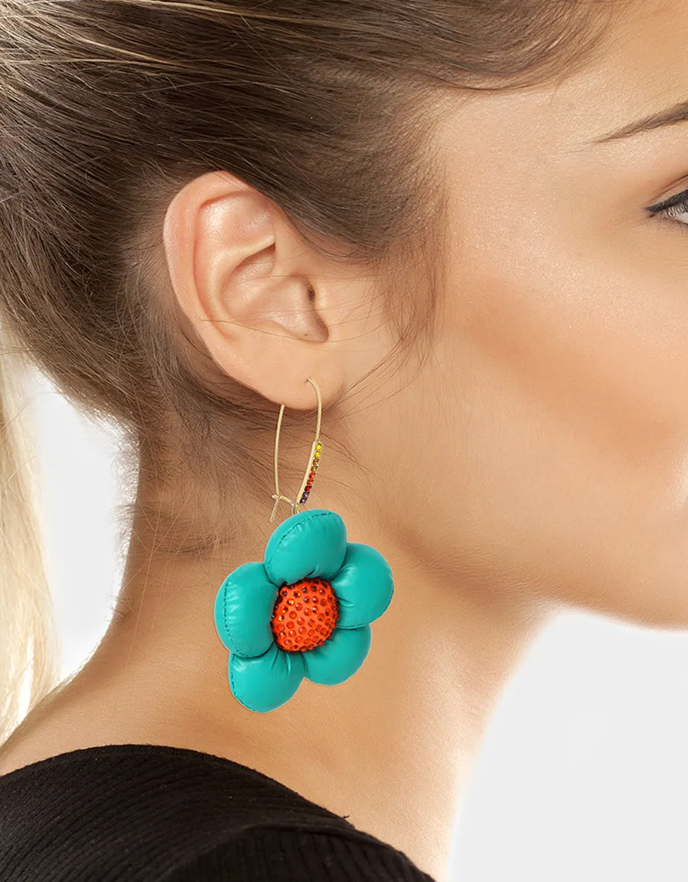 BETSEYS PUFFY FLOWERS HOOK EARRINGS TEAL