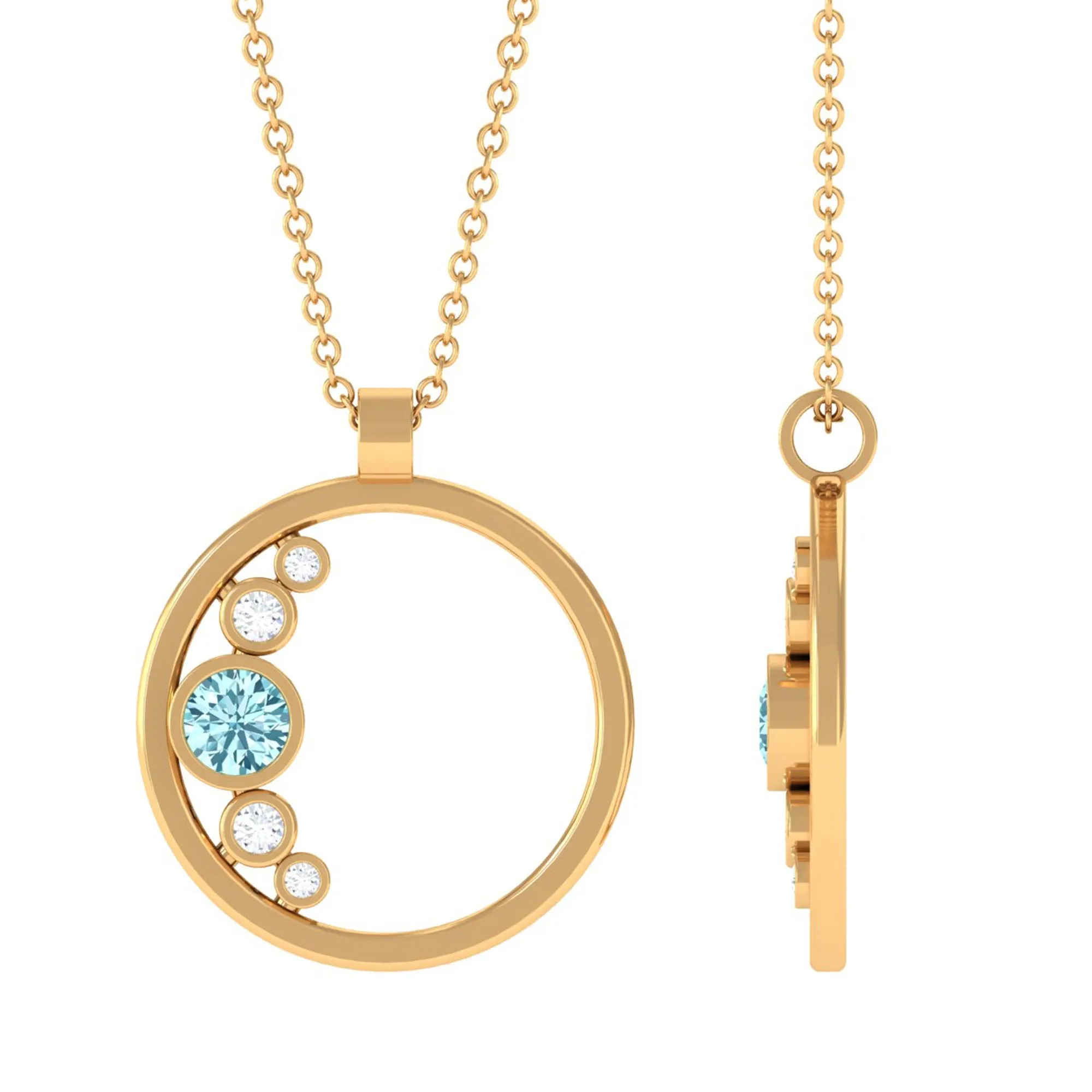 Bezel Set Aquamarine and Diamond Open Circle Pendant