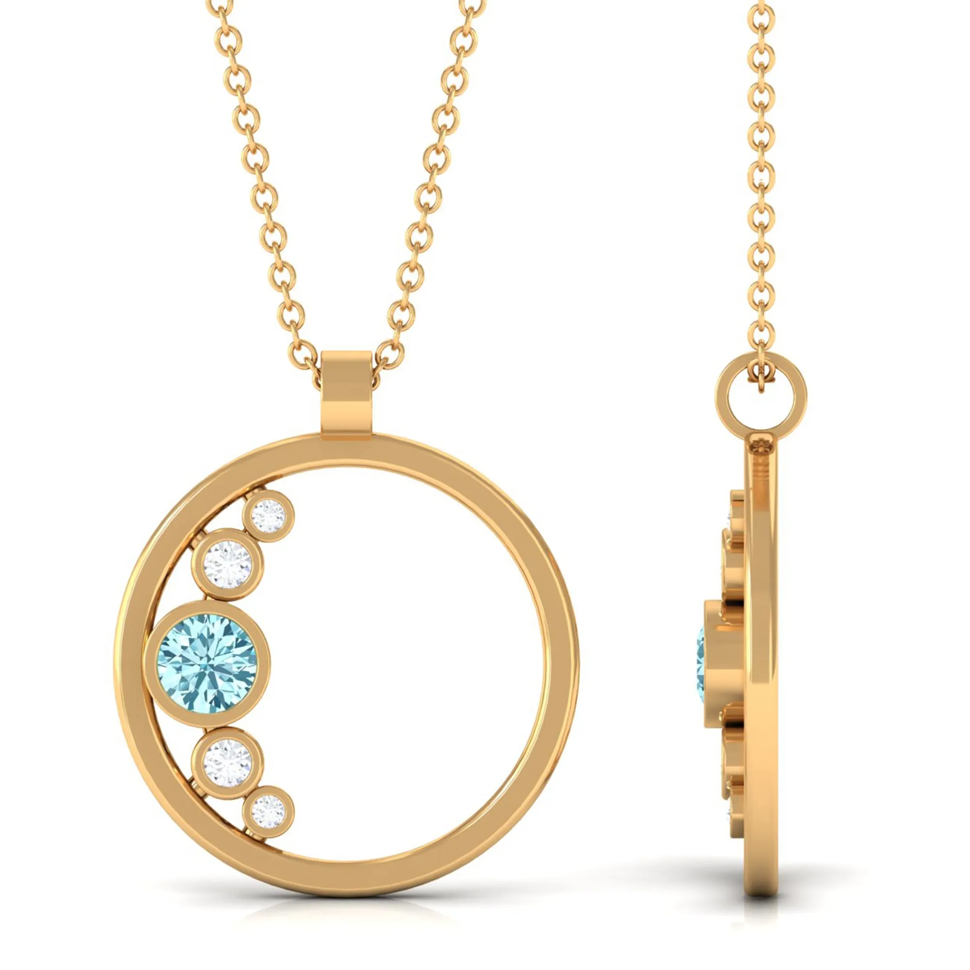 Bezel Set Aquamarine and Diamond Open Circle Pendant