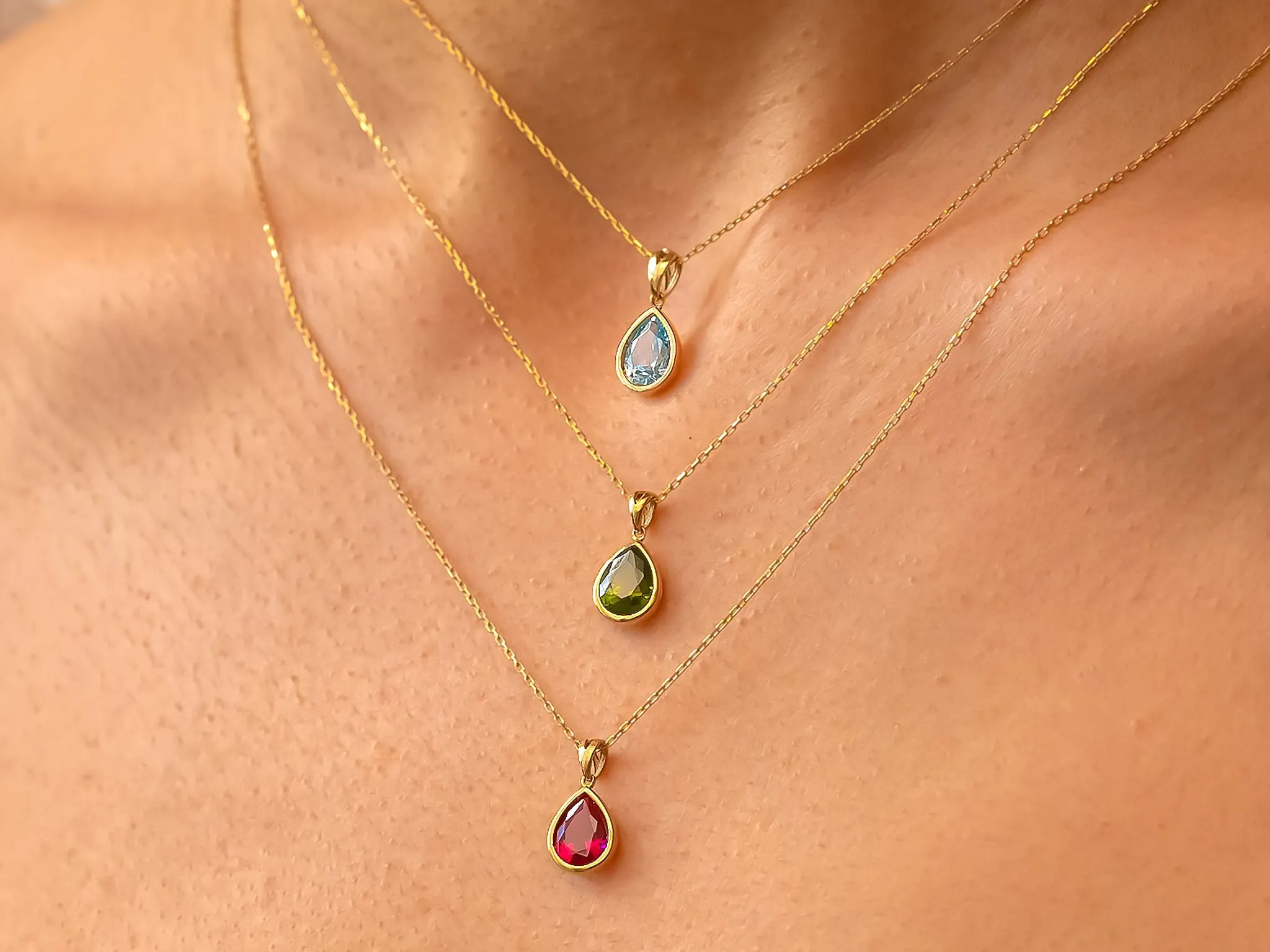 Bezel Set Pear Birthstone Pendant Necklace in 14k Solid Gold