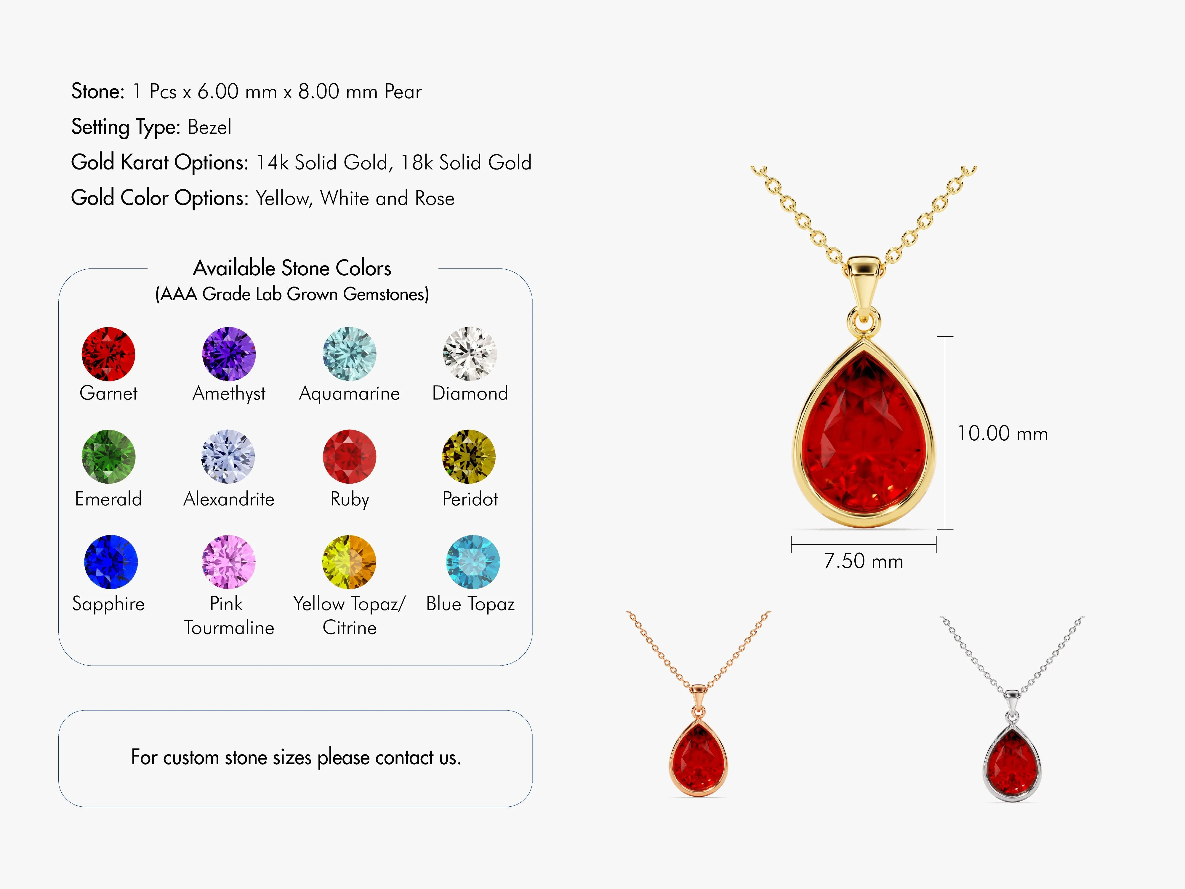 Bezel Set Pear Birthstone Pendant Necklace in 14k Solid Gold