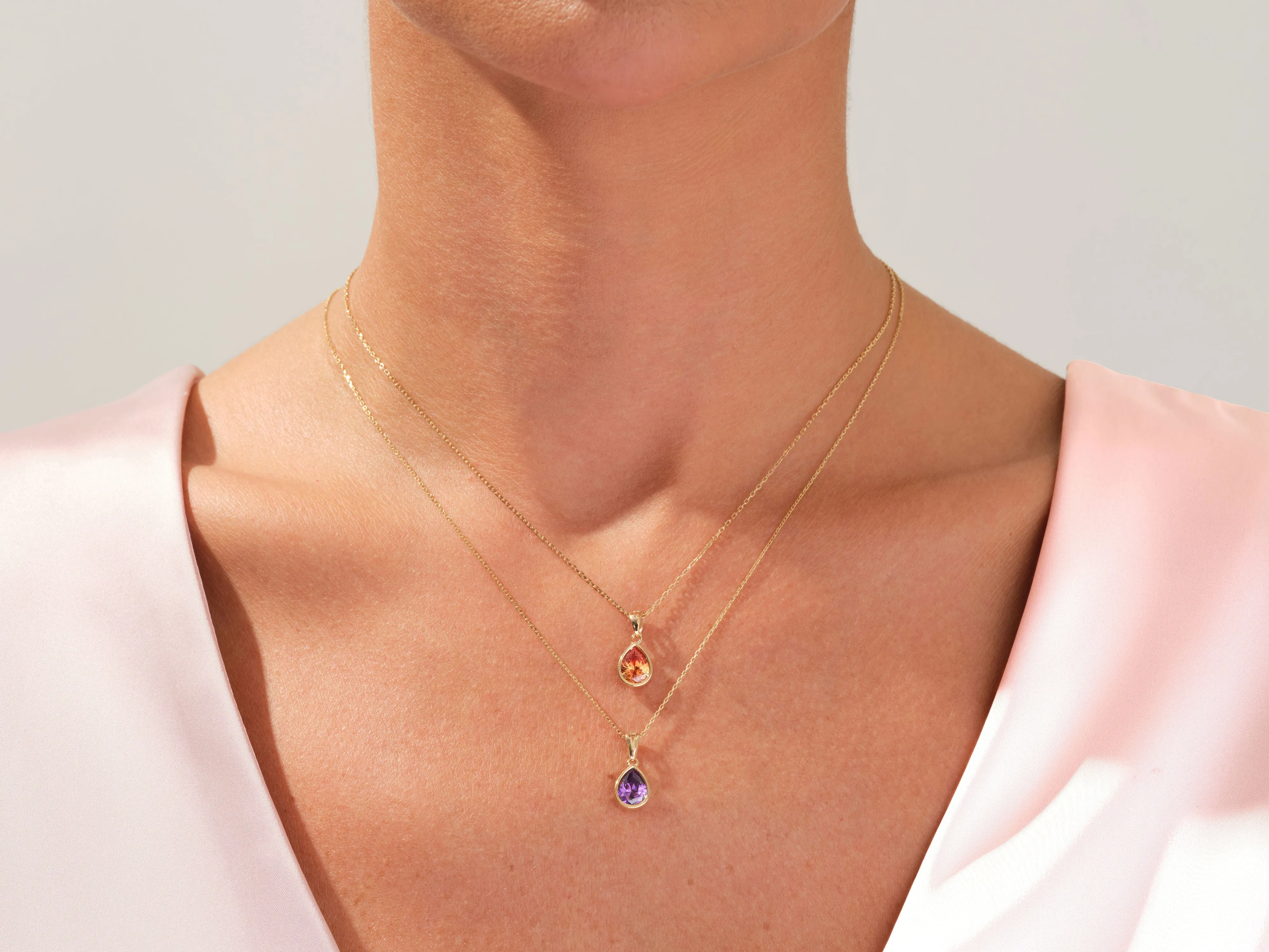 Bezel Set Pear Birthstone Pendant Necklace in 14k Solid Gold