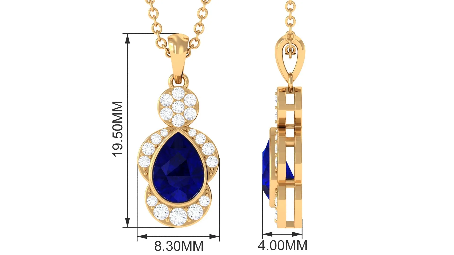 Bezel Set Pear Cut Blue Sapphire Designer Drop Pendant with Diamond