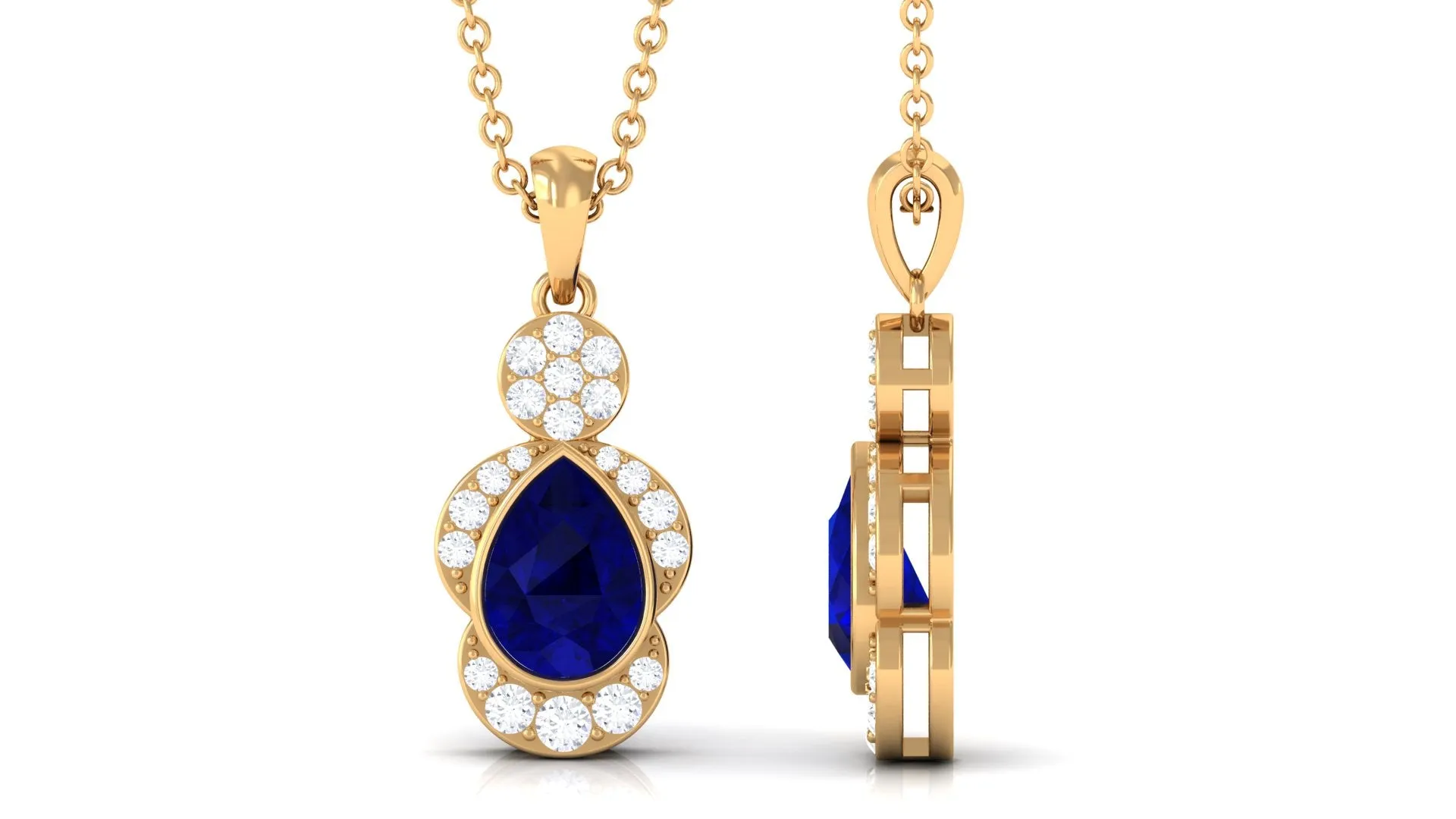 Bezel Set Pear Cut Blue Sapphire Designer Drop Pendant with Diamond