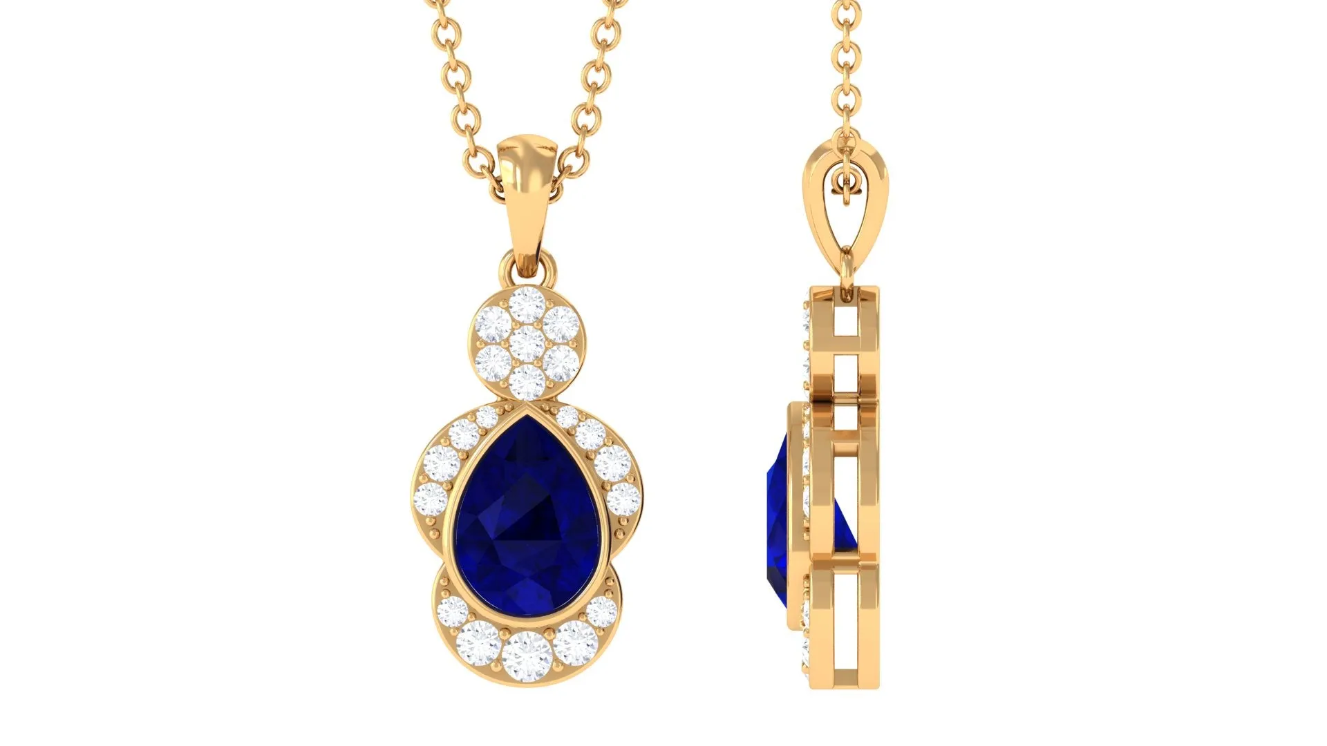 Bezel Set Pear Cut Blue Sapphire Designer Drop Pendant with Diamond