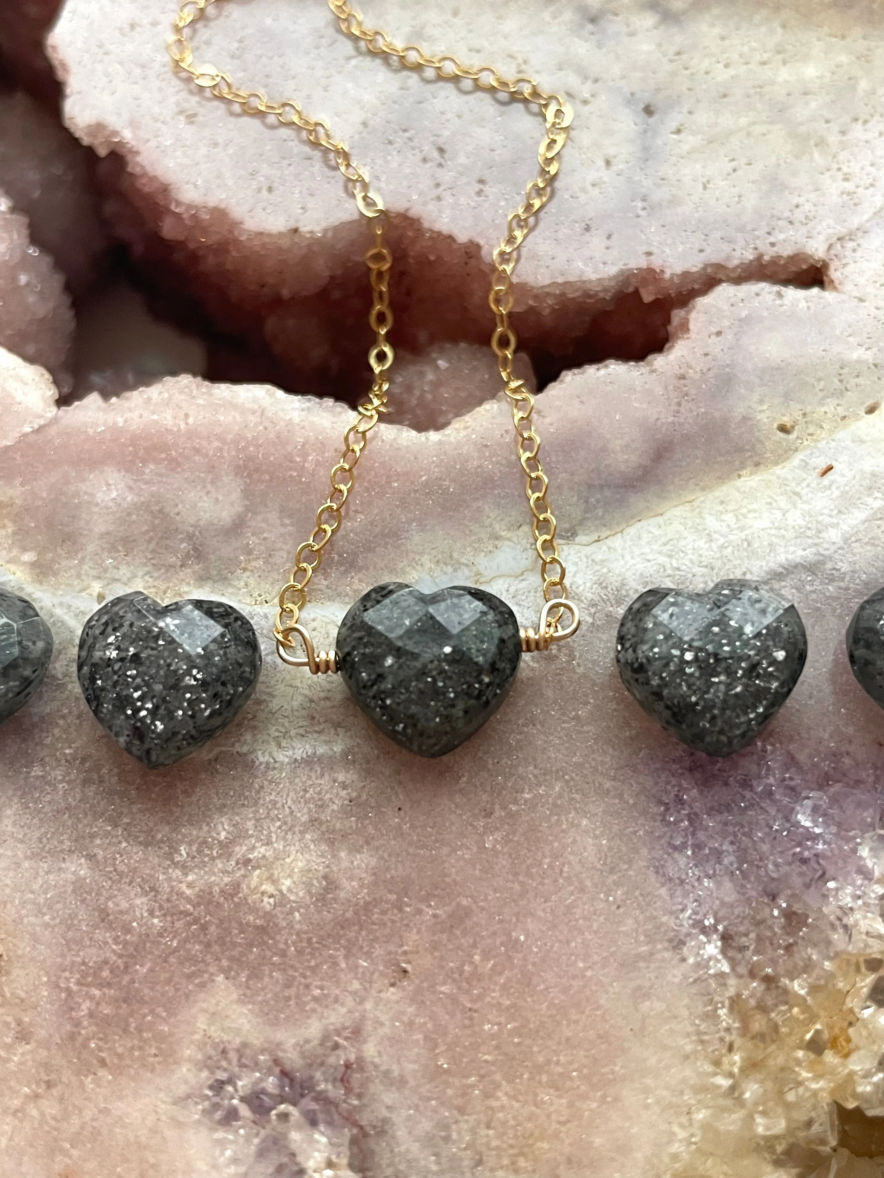 Black Sunstone Heart Crystal Necklace Sterling Silver or 14kt Gold Filled