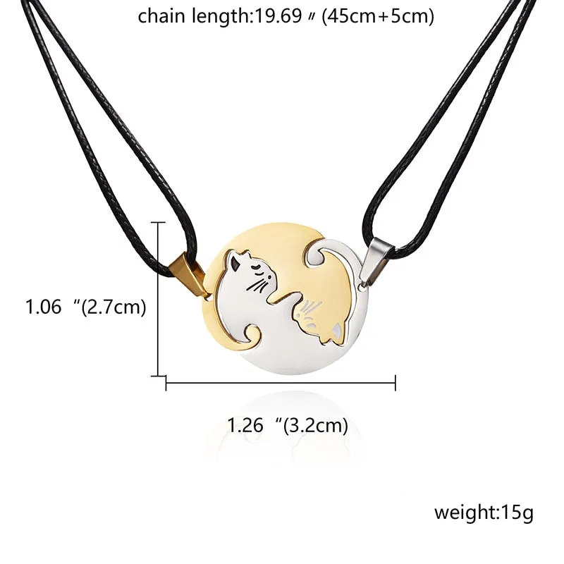 Black White Cat Stitching Necklace Friendship Heart Shape Gold White Cat Cute Couple Jewelry