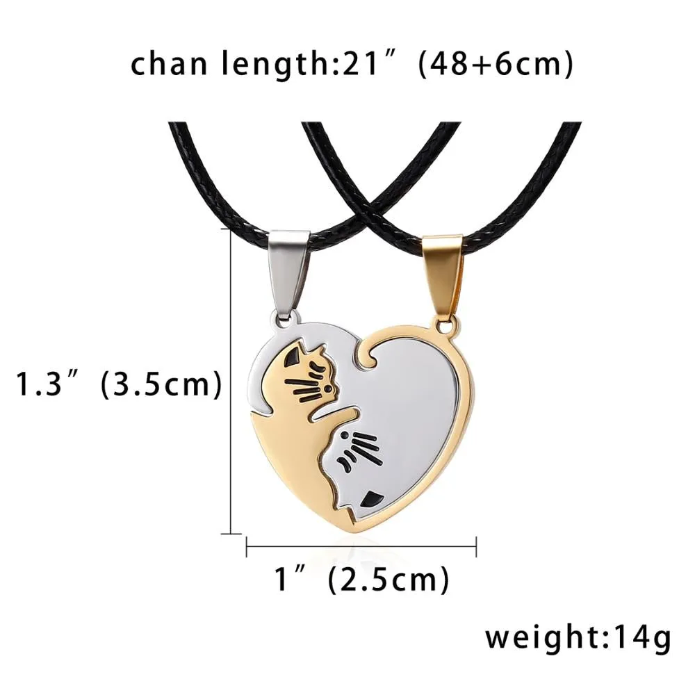 Black White Cat Stitching Necklace Friendship Heart Shape Gold White Cat Cute Couple Jewelry