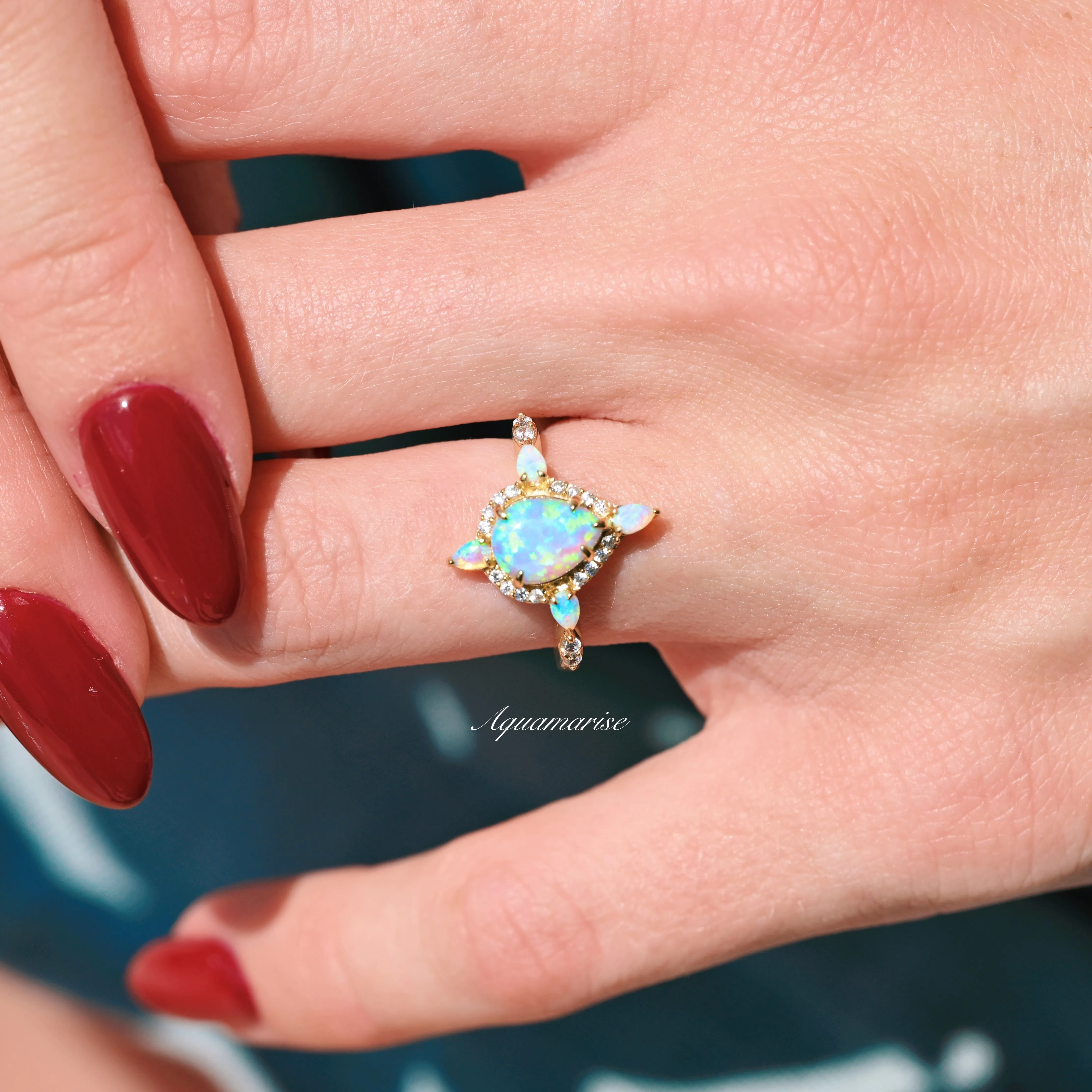 Blue Fire Opal & Crushed Diamond (cz) Couples Ring