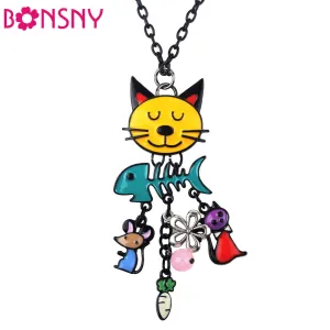 Bonsny Long Chain 2016 Colorful  French Cat Necklace Enamel Pendant Fish Alloy Charm Brand Jewelry For Women Girl  New Animal