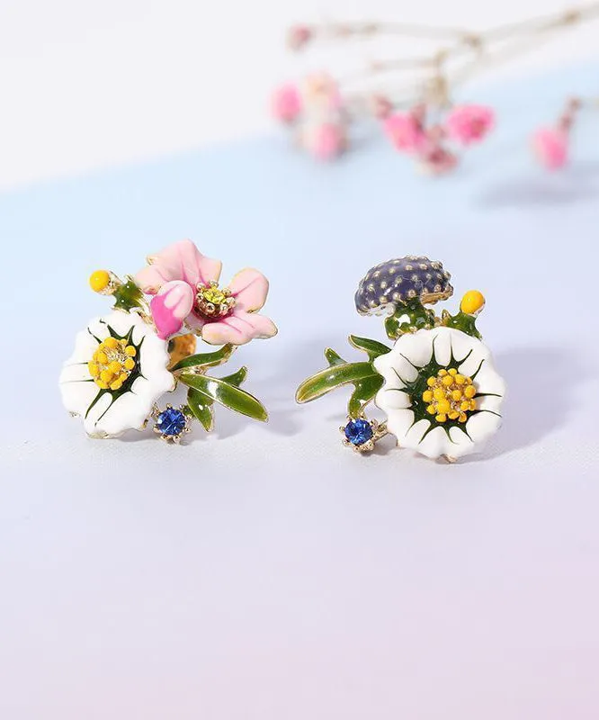 Brief Rainbow Sterling Silver Asymmetrical Enamel Floral Stud Earrings ZZ065