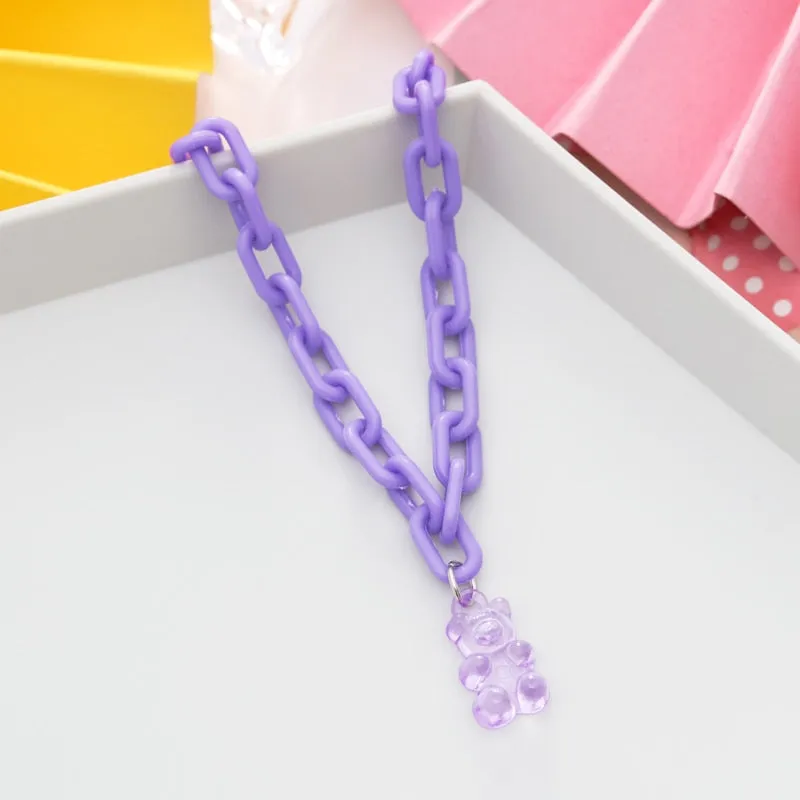 Candy Color Gummy Mini Bear Cartoon Necklace for Women Girls Birthday Jewelry Gifts